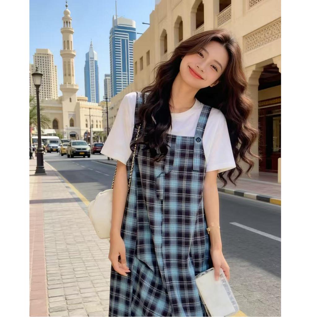 Korean casual plaid dress early autumn new high-end temperament loose fake two-piece long dress women's clothing