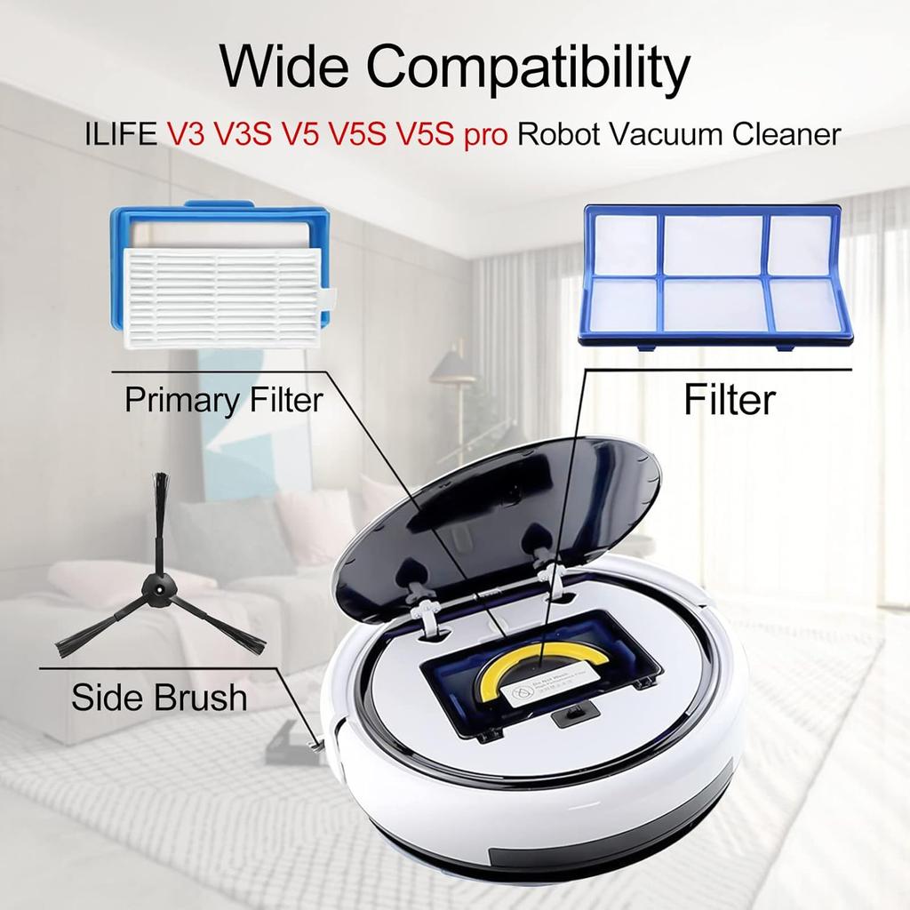 Replacement Filter & Brush Accessories Compatible with ILIFE V3s V3s Pro, V5, V5s, V5s Pro Robot Vacuum Cleaner, 10 Filters + 10 Side Brushes