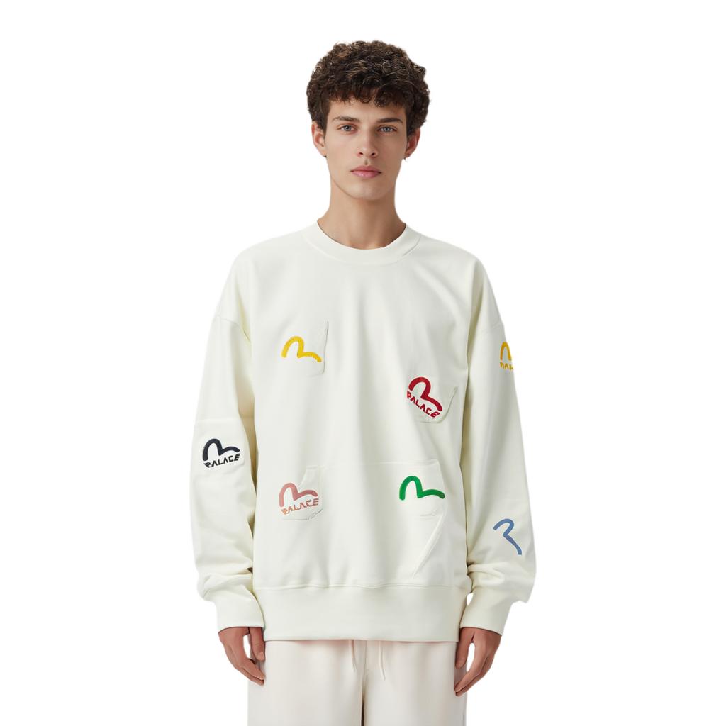 Palace X Evisu Collaboration FW21 Multi Pocket Crew Egret Logo Print Sweatshirt Unisex Sweatshirt White P21EVCW002
