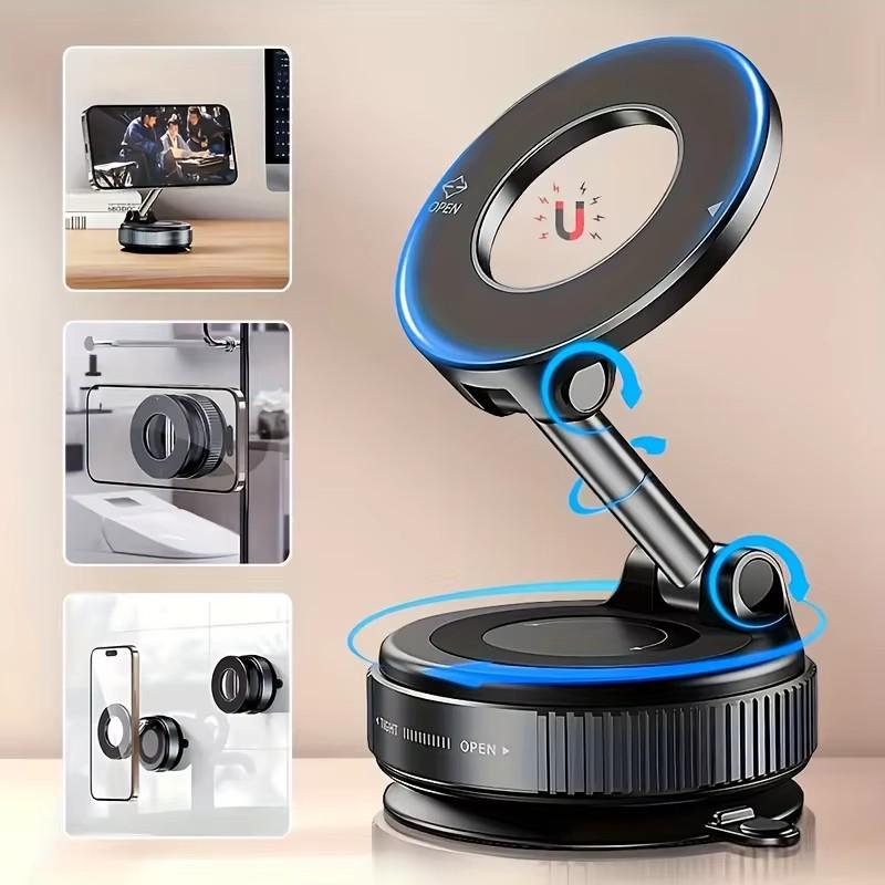 Strong Magnetic Car Phone Holder Foldable Magsafe Design 360° Adjustable Vacuum Mount for Car/Desk/Bathroom/Universal Use Metal