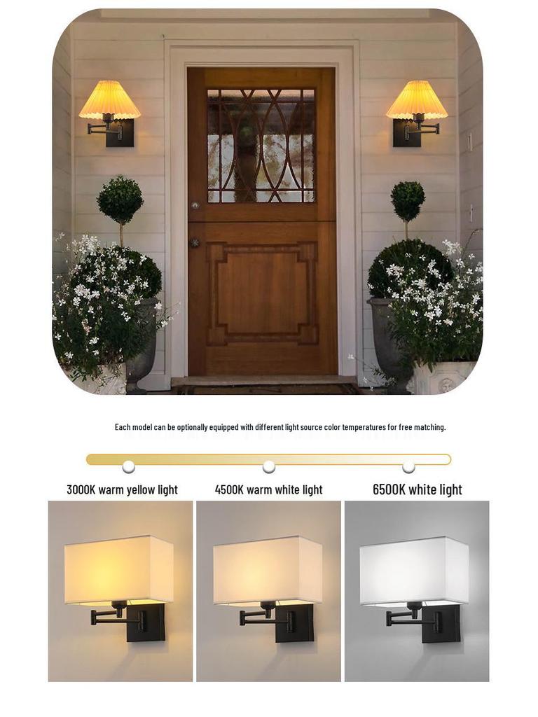 Modern LED Swing Arm Wall Light with Fabric Shade for Bedroom, Study, or Living Room.