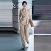 Women's Light Green V-Neck 3/4 Sleeve Belted Suit Set with Wide Leg Pants