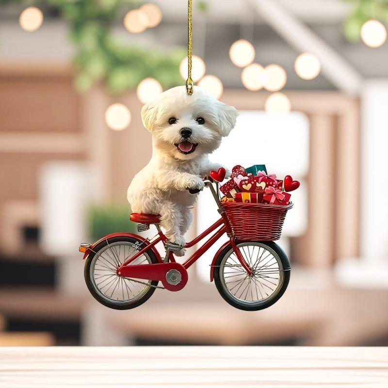 Mirror Car Acrylic Ornament Cartoon Dog Riding Bicycle Pendant For Decor Vehicle