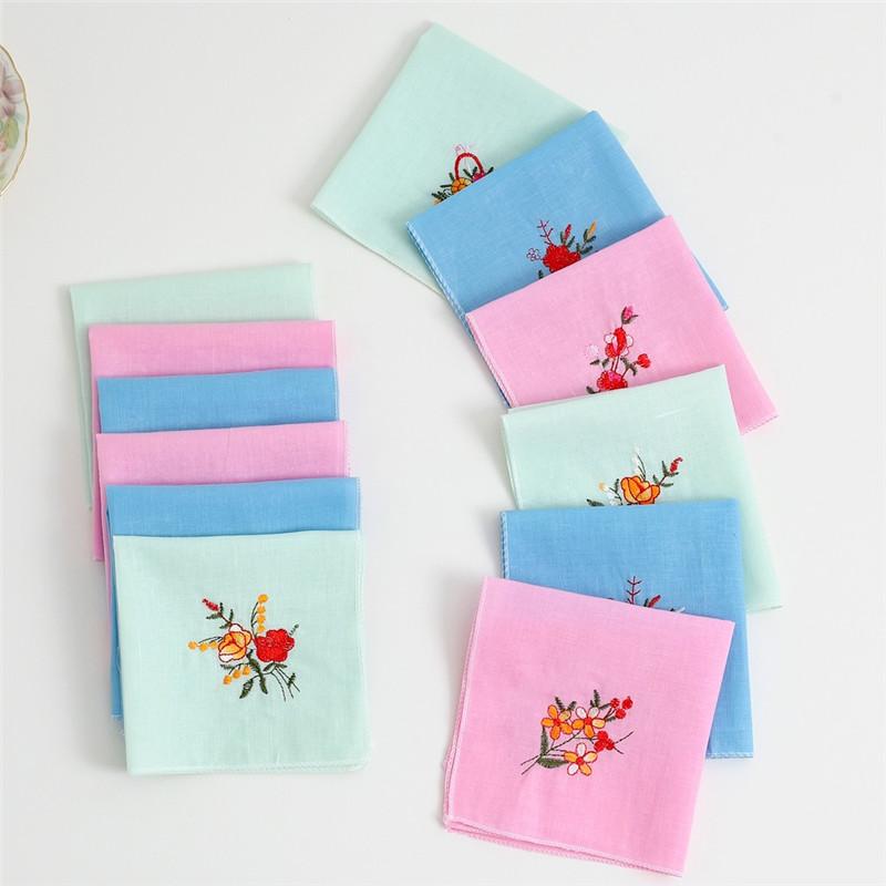 6Pcs 28x28cm Square Polyester Flower Embroidered Small Thin Women Lady Handkerchief Wedding Party Decor Gift