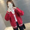 College style pocket sweater jacket women's color buckle striped design contrasting color V-neck long-sleeved outer knitted cardigan
