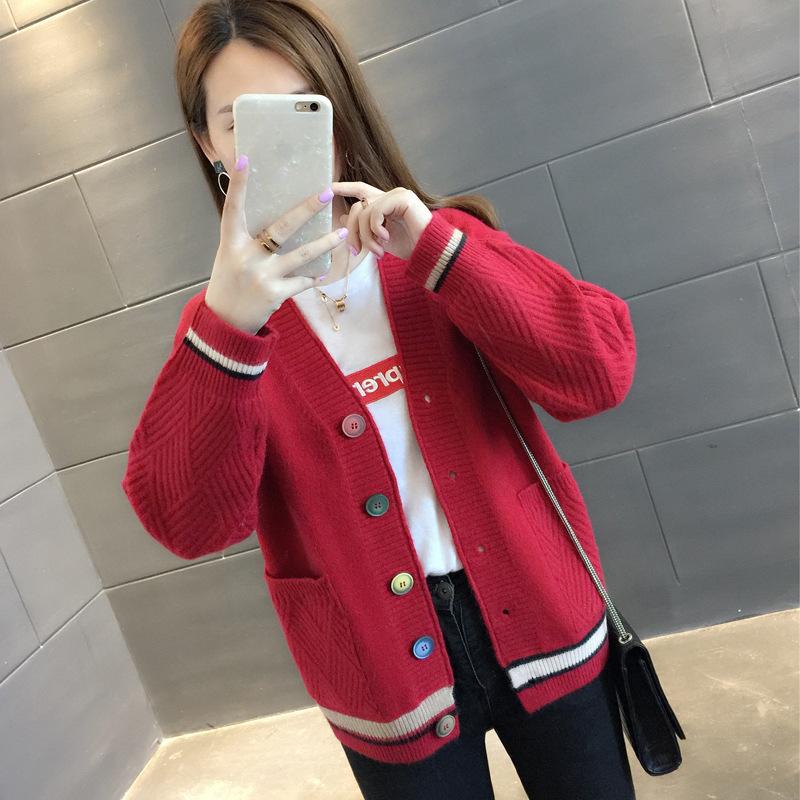 College style pocket sweater jacket women's color buckle striped design contrasting color V-neck long-sleeved outer knitted cardigan