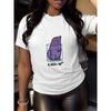 Damen Casual Kurzarm T-Shirt Becher Grafikdruck Rundhalsausschnitt Elastische Passform Sommer Mode Top Weiß mit Lila Schriftzug