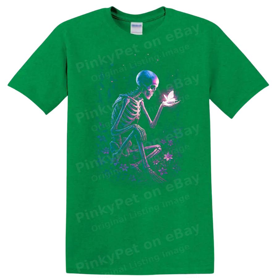 Skeleton Butterfly T Shirt Graphic Art Floral Design Halloween Theme Tee