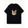 Übergroßes T-Shirt Schwarze Katze Gesicht Print Und Text Grafik-Tee Für Freizeitkleidung
