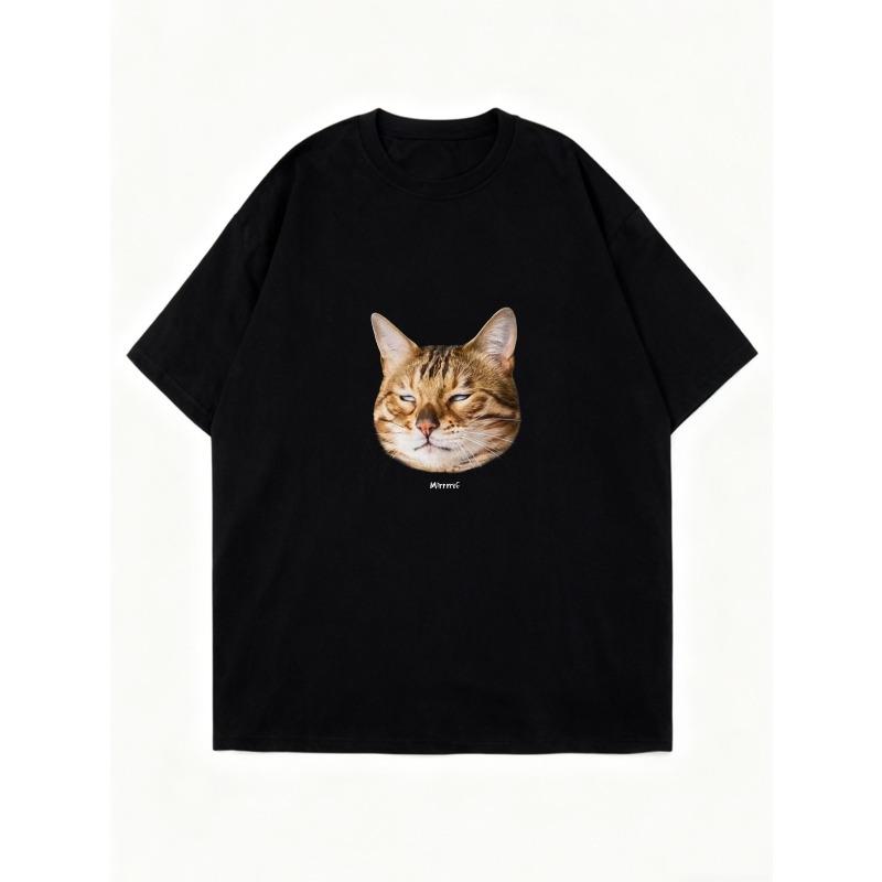 Übergroßes T-Shirt Schwarze Katze Gesicht Print Und Text Grafik-Tee Für Freizeitkleidung