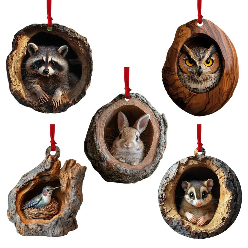 

5Pcs Christmas Animal Ornaments 2D Acrylic Cute Wildlife Hole Wood Texture Hanging Decorations