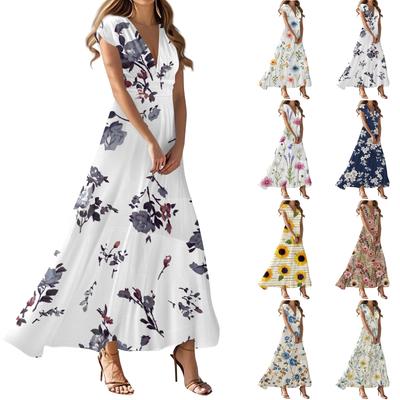 Damen Sommer Freizeitmode Kleid mit Blumendruck V-Ausschnitt Kurzarmkleider