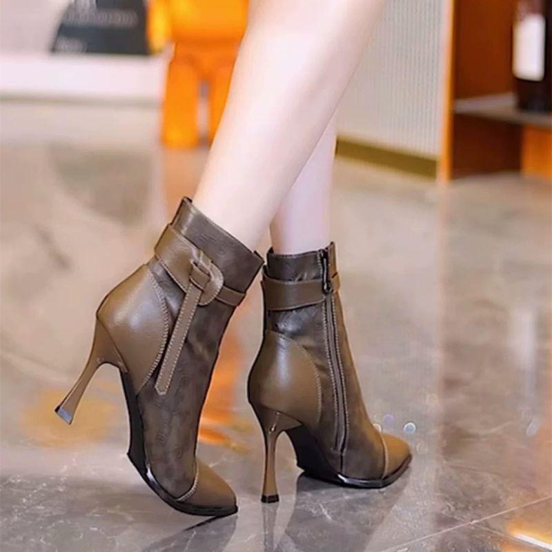 2025 Autumn/Winter Pointed Toe Side Zipper High Heel Soft Leather Women's Stiletto Boots with Buckle.