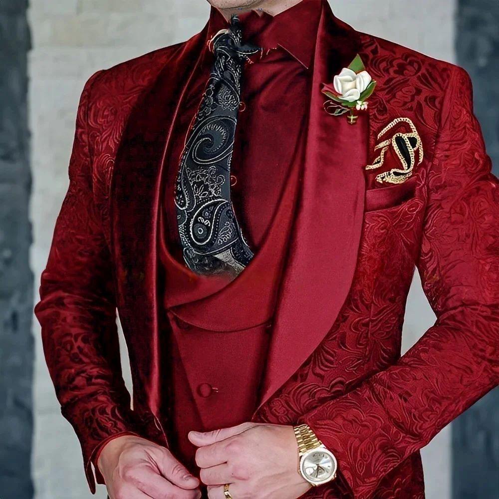 3 kusy Černý žakárový svatební párty smoking pro ženicha Svatební šál Límec Slim Fit Pánské obleky Pánská vestička Kalhoty