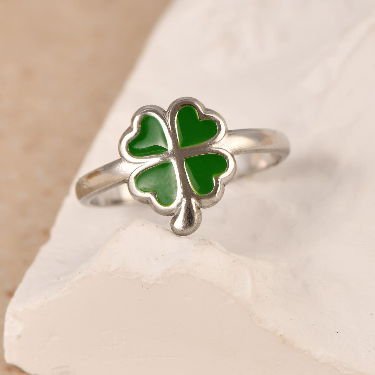 

Женское кольцо для измерения давления масла, простое, модное, из нержавеющей стали, с четырьмя листами клевера, ниша, регулируемое кольцо с отверстием One size темно-зеленого