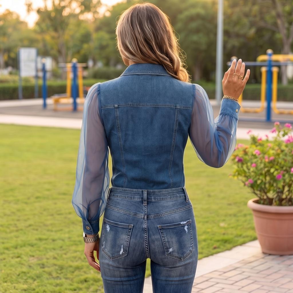 Ladies' Casual And Fashionable Imitation Denim Long Sleeved Top