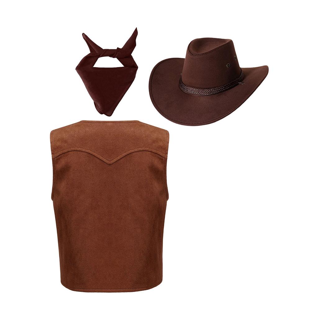 Kids Cowboy Costume Set Printed Fringe Vest Paisley Bandanna Matching Cowboy Hat Carnival Dress Up