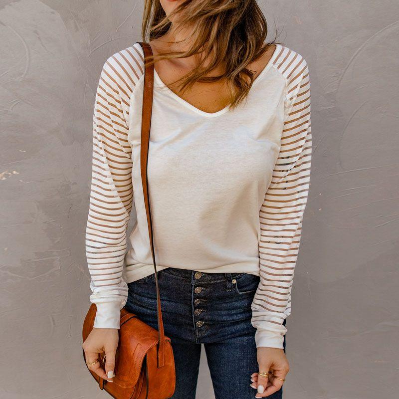 Fall and Winter New Arrival Cut Out Stripes V Neck Long Sleeves T-shirt Female 2024 Fashion Fashion Plus Size Pullover Bottoming Shirt Tops Female