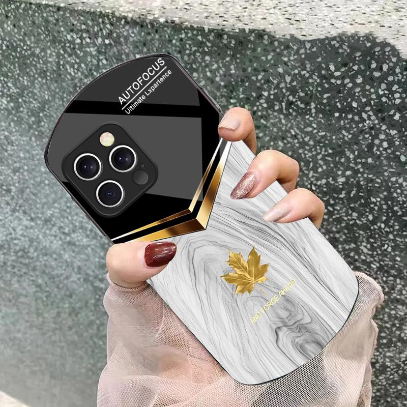 V-shaped Maple Leaf For Iphone 11 12 13 14 15 16 Pro Max Plus Mini 7 8 Se 2020 X Xs Xr Elliptical Tempered Glass Phone Case