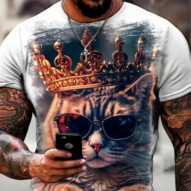 Male Trend Cat Element T Shirt For Men Daily Outdoor Fashion Regular Fit O-neck Short Sleeve Comfortable Material Clothing To