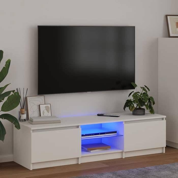 vidaXL Meuble TV avec éclairage LED, Blanc, 140x40x36 cm, Panneaux de bois & verre trempé, Support TV jusqu’à 60" 804292