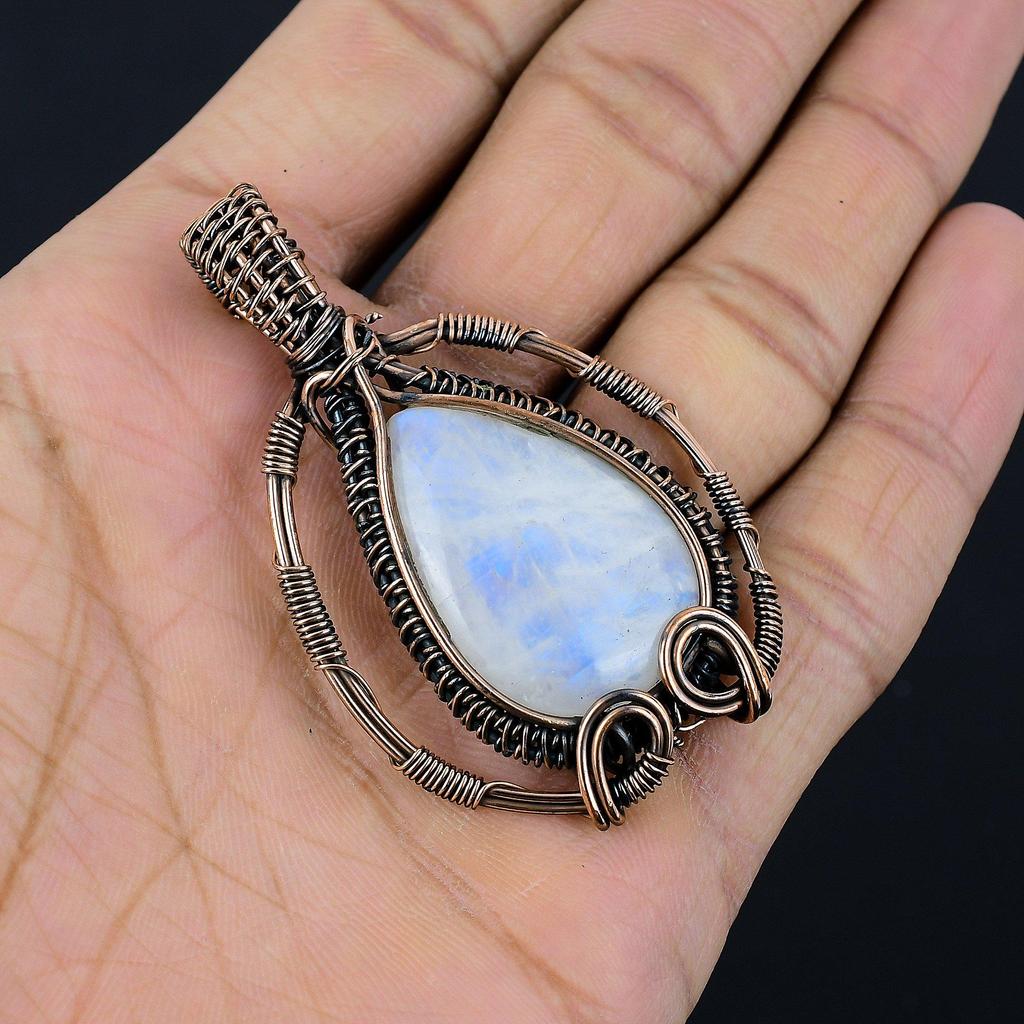 Moonstone 999 Copper Wire Wrapped Pendant, Handmade Gemstone Pendant, Gift For Mom Antique Jewelry