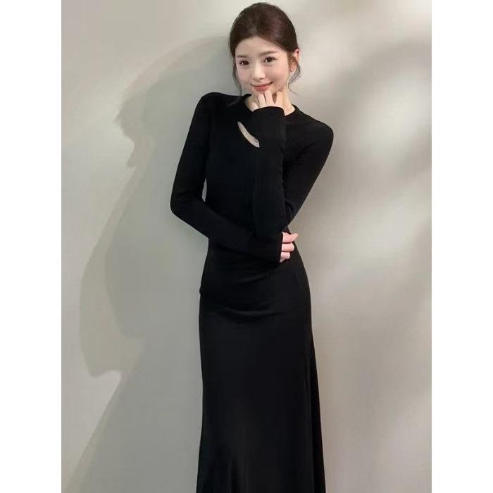 2025 A/W Sexy Waist-Cinched Long Dress: Pure Desire Thickened Hollow-Out Design for Hot Girl Style L чёрный