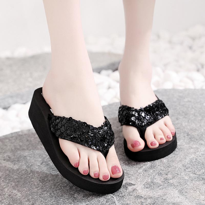 Women Summer Sandals Sequins Beach Female Flip Flops Ladies Slippers High Heels Shoes for Women Platform Wedges Slippers