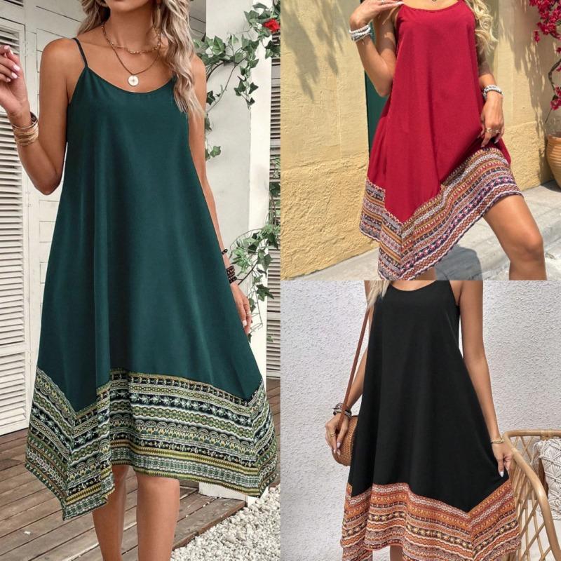 

Women s summer loose sling stitching printed irregular hem dress XL чорний