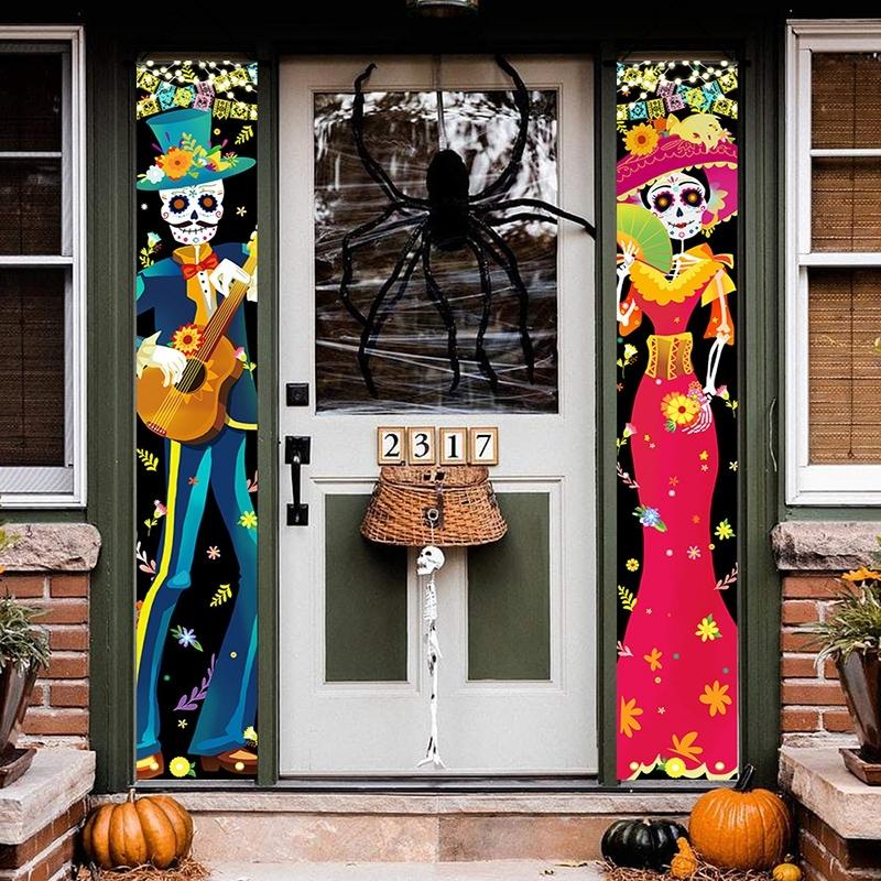 Halloween Ghost Skeleton Couplet 2 Pieces Sign Banner Ornaments Indoor for Day Of The Dead Mexican Outdoor Decor Door Curtain