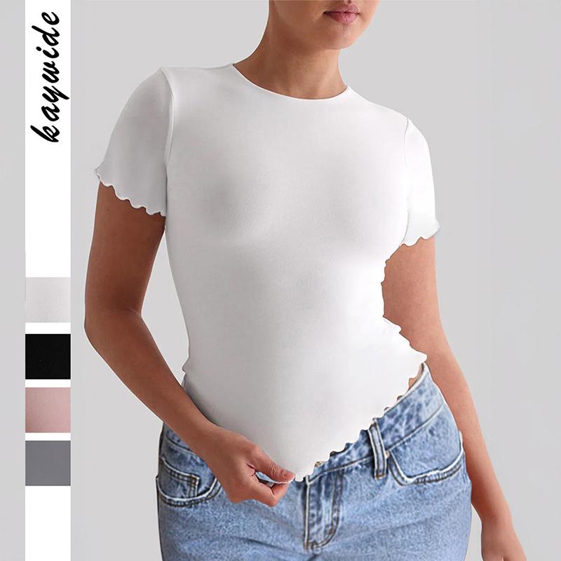 

Y2K Ladies Summer O Neck Ruffles Solid Color Slim Fit Pullover T Shirt Top XL