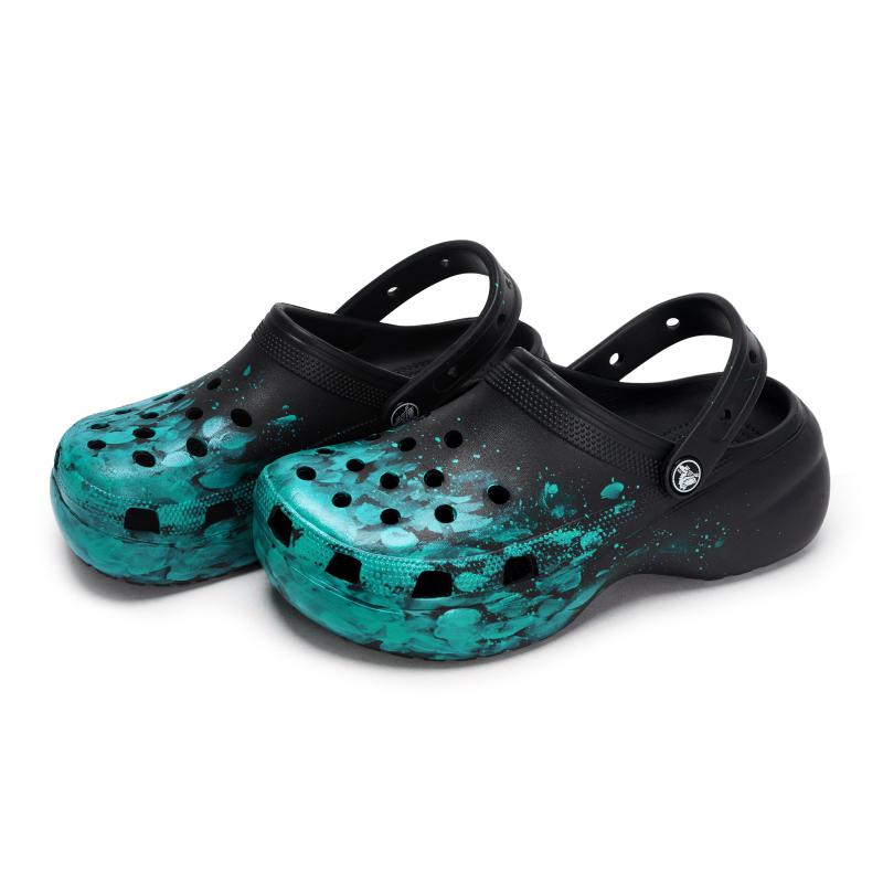 Crocs Classic Platform Clog 811 Manufacture Roaming Scene Special Shoe Box Ink Splash Techno-Sense Hole Shoes Women's Black Tiffany