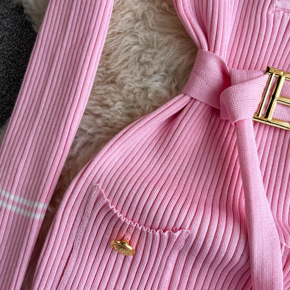 Women Dress  Autumn Winter Elegant Rib Knit Long Pencil Dress with Belt Office Lady Bodycon Sweater Dress