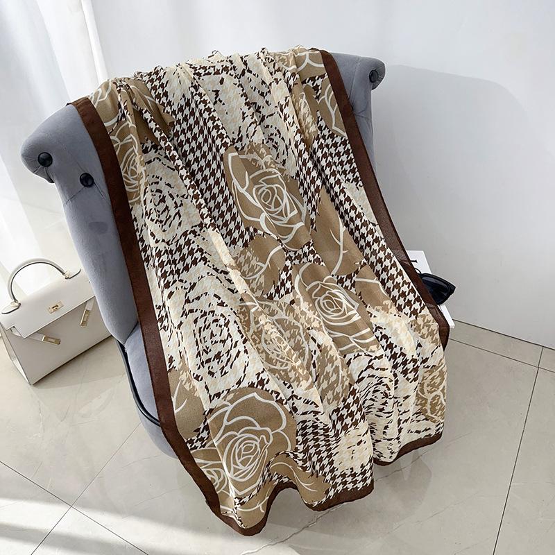 Fashion Creative Thousand Bird Grid Flower Print Scarf Autumn and Winter Women's Office Travel Photography Cotton and Linen Shawl Tide