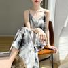 Women's Summer Long Emulated Silk V-neck Design, Silky Satin Ink Painting, Acetate Satin Suspender Skirt
