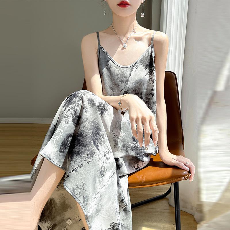 Women's Summer Long Emulated Silk V-neck Design, Silky Satin Ink Painting, Acetate Satin Suspender Skirt
