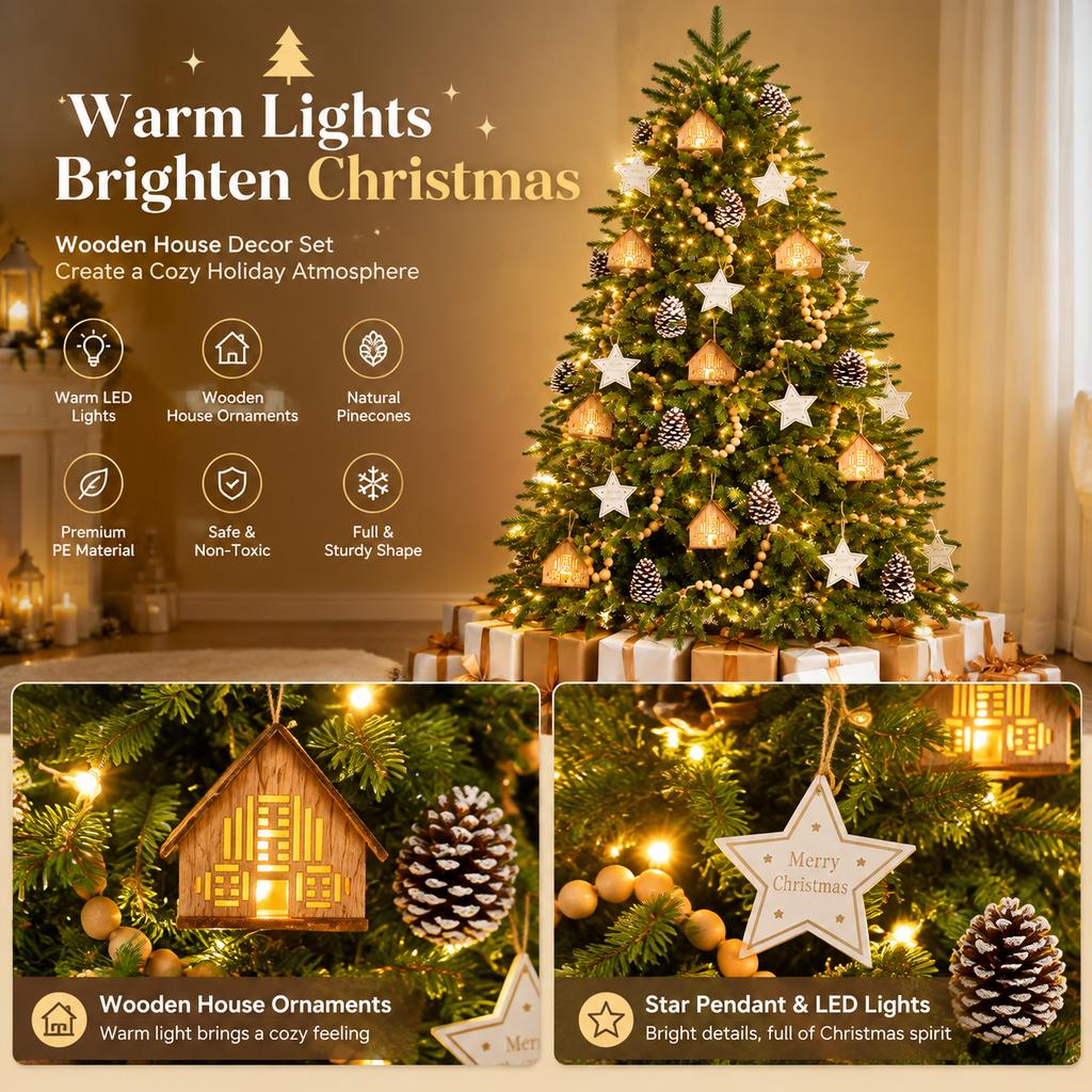 2.1m PE Artificial Christmas Tree with Wooden House Decor Set