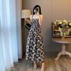Women's Elegant French Floral Pleated Strappy Dress - Summer High Waist A-line Long Skirt