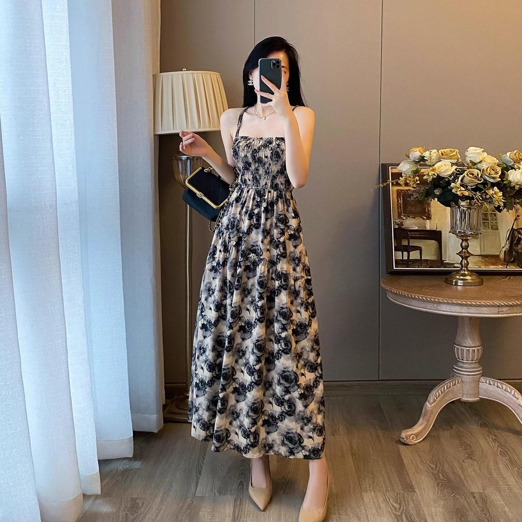 Women's Elegant French Floral Pleated Strappy Dress - Summer High Waist A-line Long Skirt