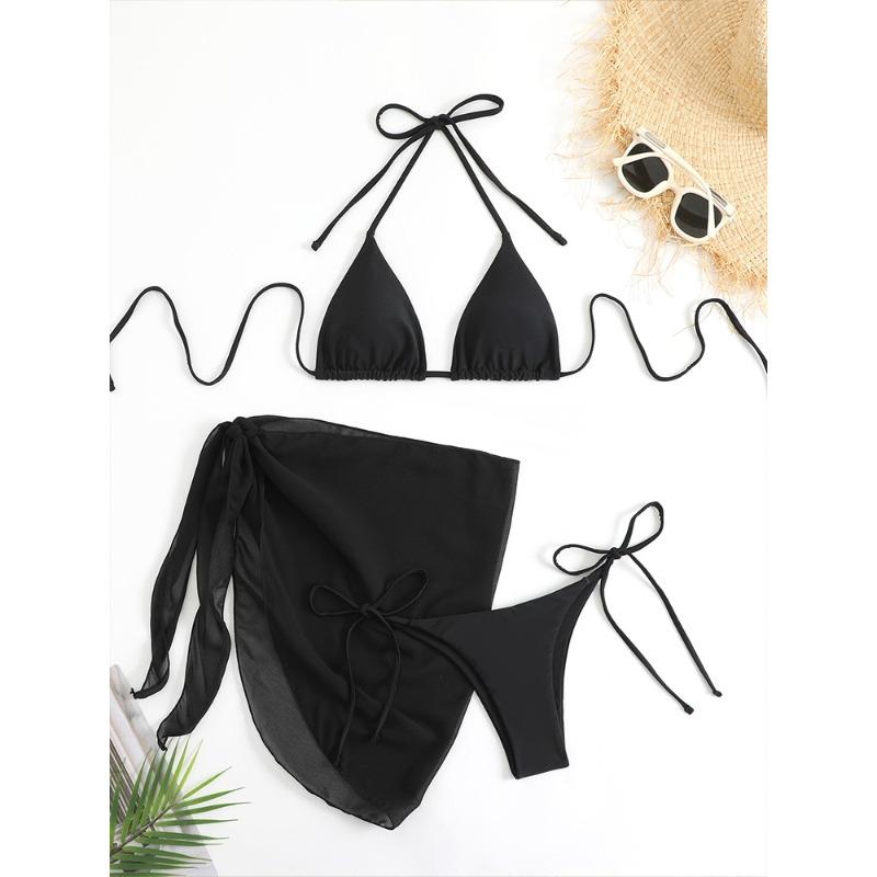 Women's White Triangle Halter Bikini With Wrap Skirt Three-Piece Set