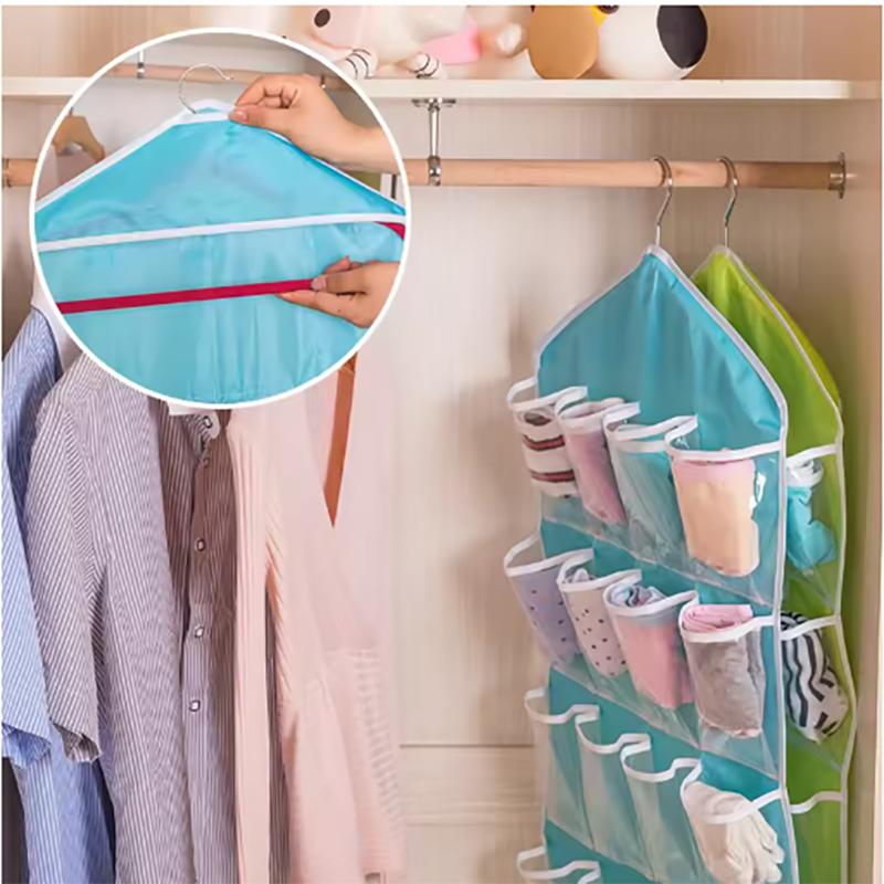 1PC 16 Grid Wall-mounted Clothes Organizer Fabric Closet Bag Storage Rack Mesh Pocket Clear Hanging Over The Wardrobe