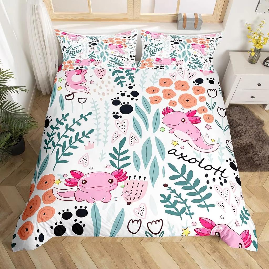 Karton Axolotl Weiches Bettbezug-Set Süßes Salamander-Bettwäsche-Set Kawaii Tierdecke Warme Deckenbezug für junge Jungen junge Mädchen Frauen Schlafzimmer Dekor