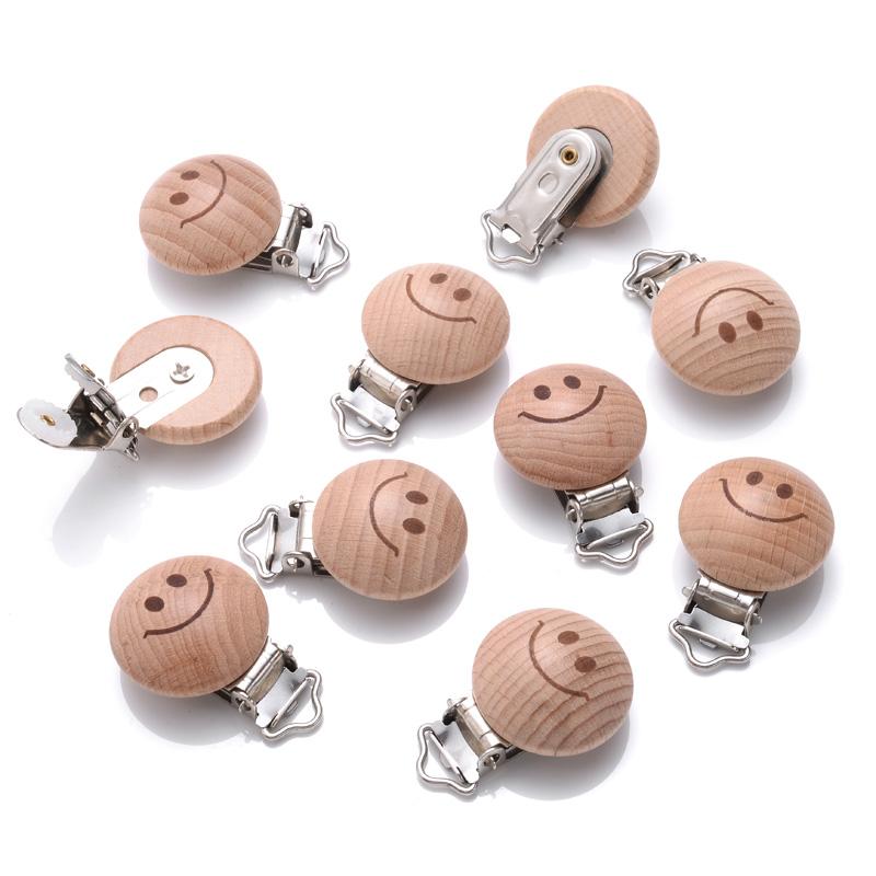 10Pcs Round Printing Beech Wood Teething Clip Chew Soother Pacifier Clip Chain For Nipple Chain Clip Nursing Product Wholesale