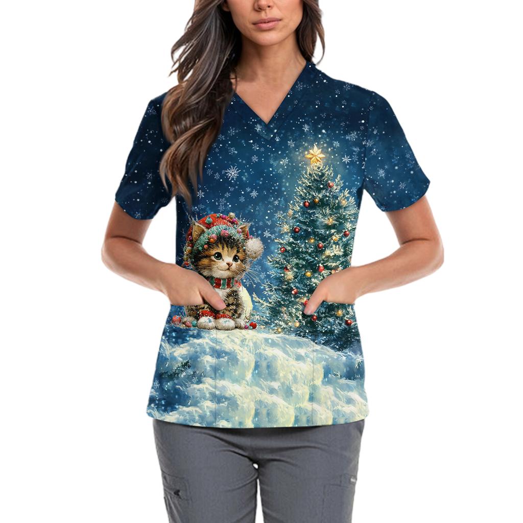 Sieviešu Gudrs ar Bantīti Apdrukāts Darba Apģērbs V veida kakla izgriezums Divslāņu Kabatas Pamata Ar Īsām Piedurknēm Tops Džemperis