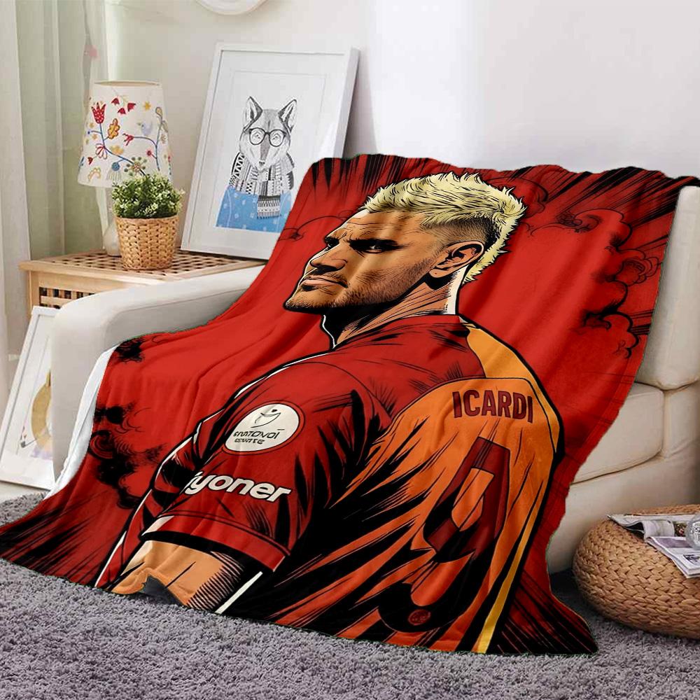 Red Comic Style Football Player Portrait Print Flannel Throw Blanket, Soft Warm Cozy Bed Sofa Cover for Sports Fan Home