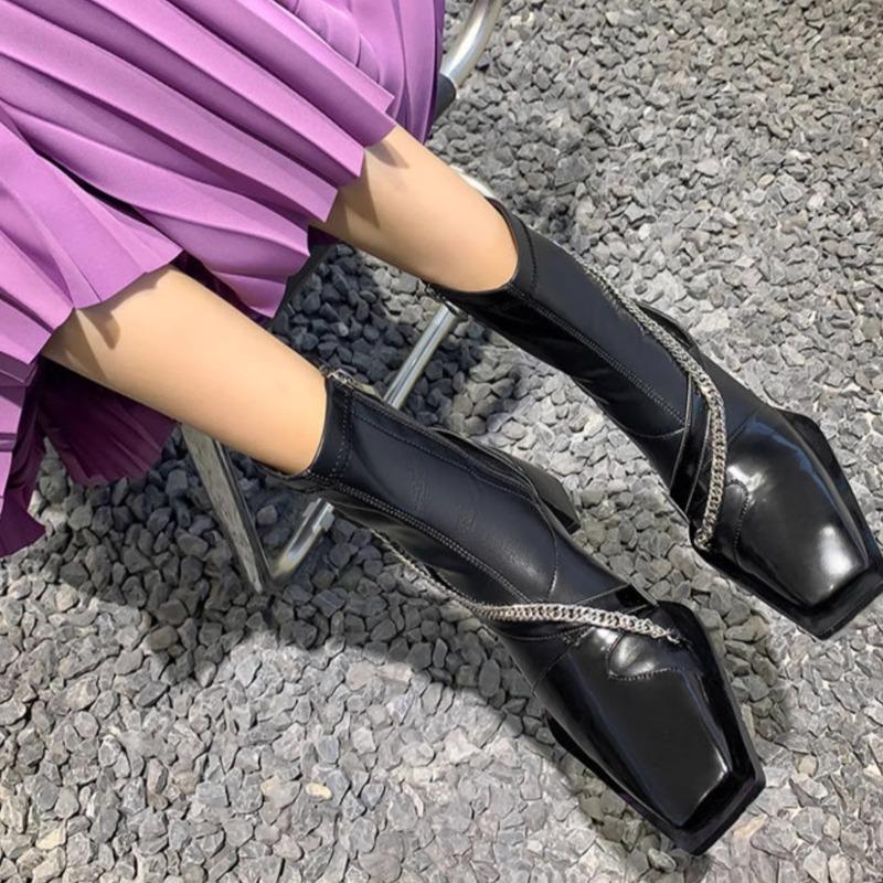 Luxury Designer Retro Chelsea Boots for Women High Quality Square Toe Zipper Fall and Winter Women's Slim Booties High Heels