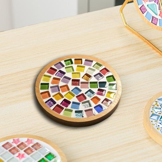 DIY Glass Mosaic Tile Coaster Set Mixed Color Mosaic Kit with Wooden Coaster Kids Adults Handmade Mosaic Crafts Coaster with Accessories