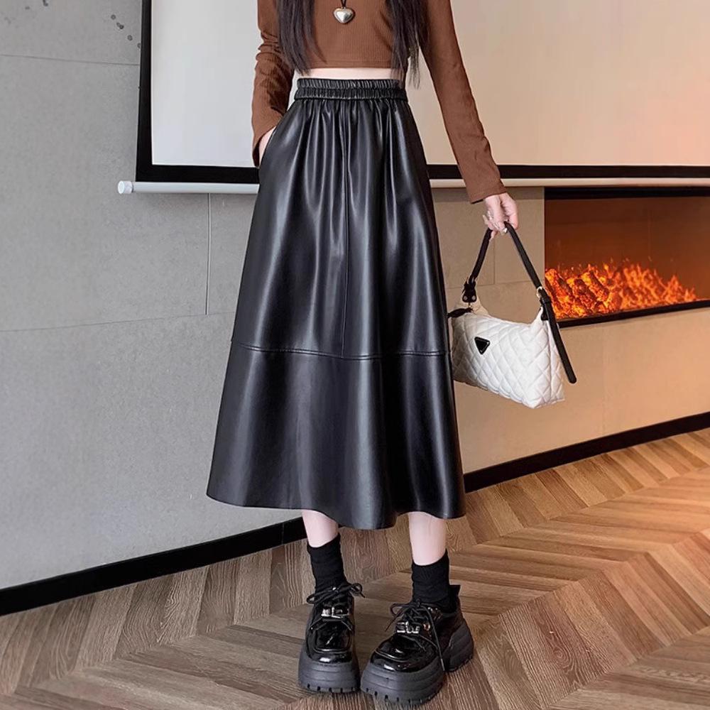 Women's PU Leather A-Line Midi Skirt: Autumn/Winter High Waist, Large Swing, Hip-Covering, Casual Temperament.