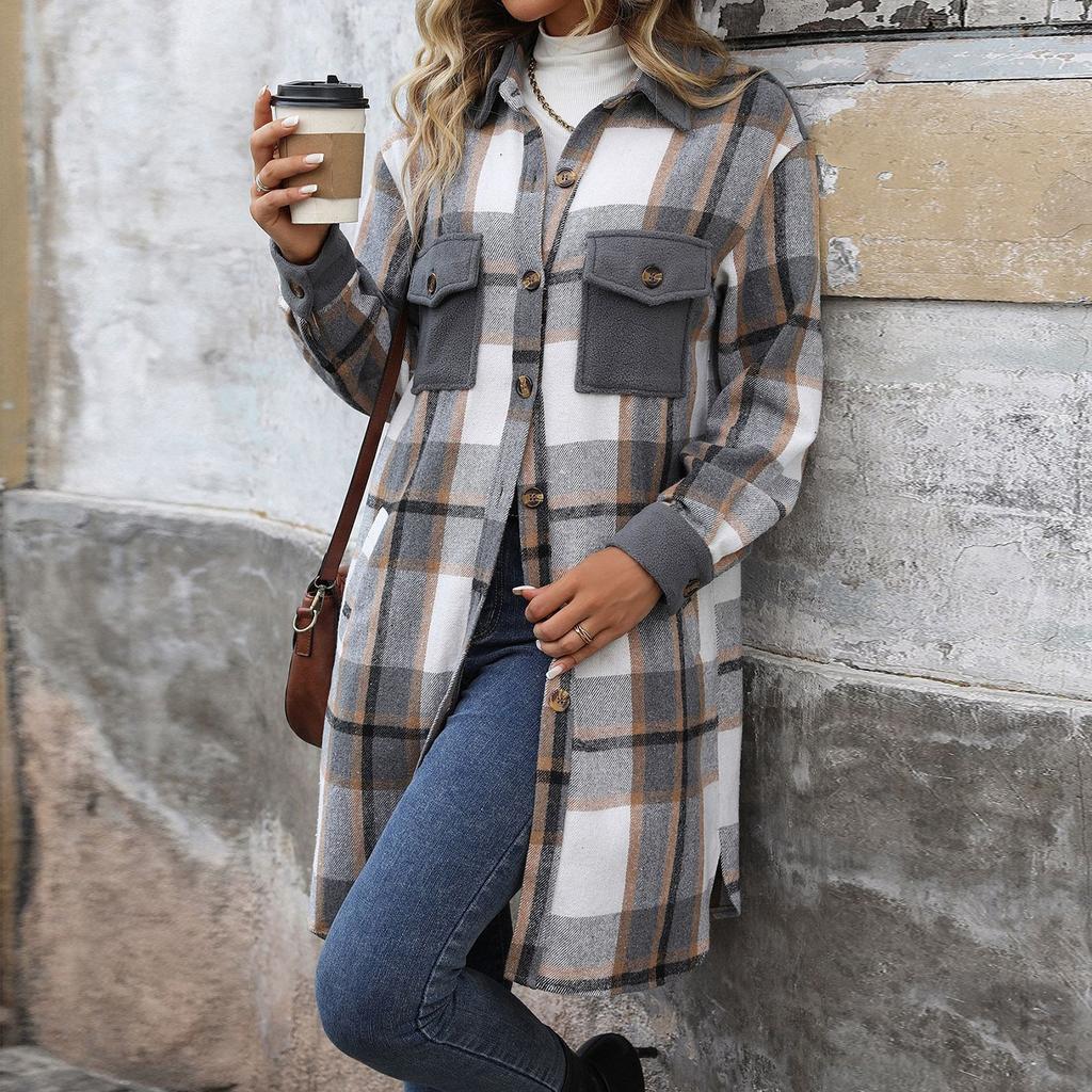 Women's Fashion Casual Long Sleeve Plaid Button With Pocket Jacket