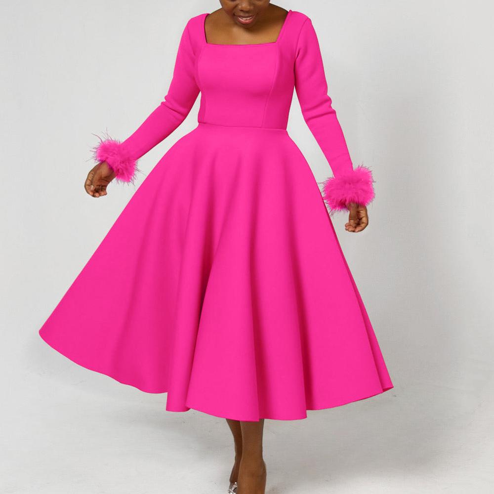 Women Elegant Party Dresses Square Neck Long Sleeve High Waisted Pleated A Line Mid Calf Luxury Birthday Dress Robe